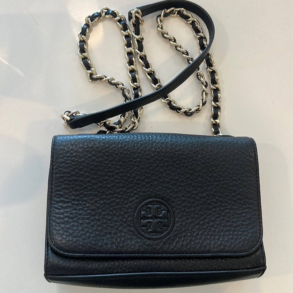 Tory Burch Small Black Crossbody with Chainlink strap and embroidered TB logo